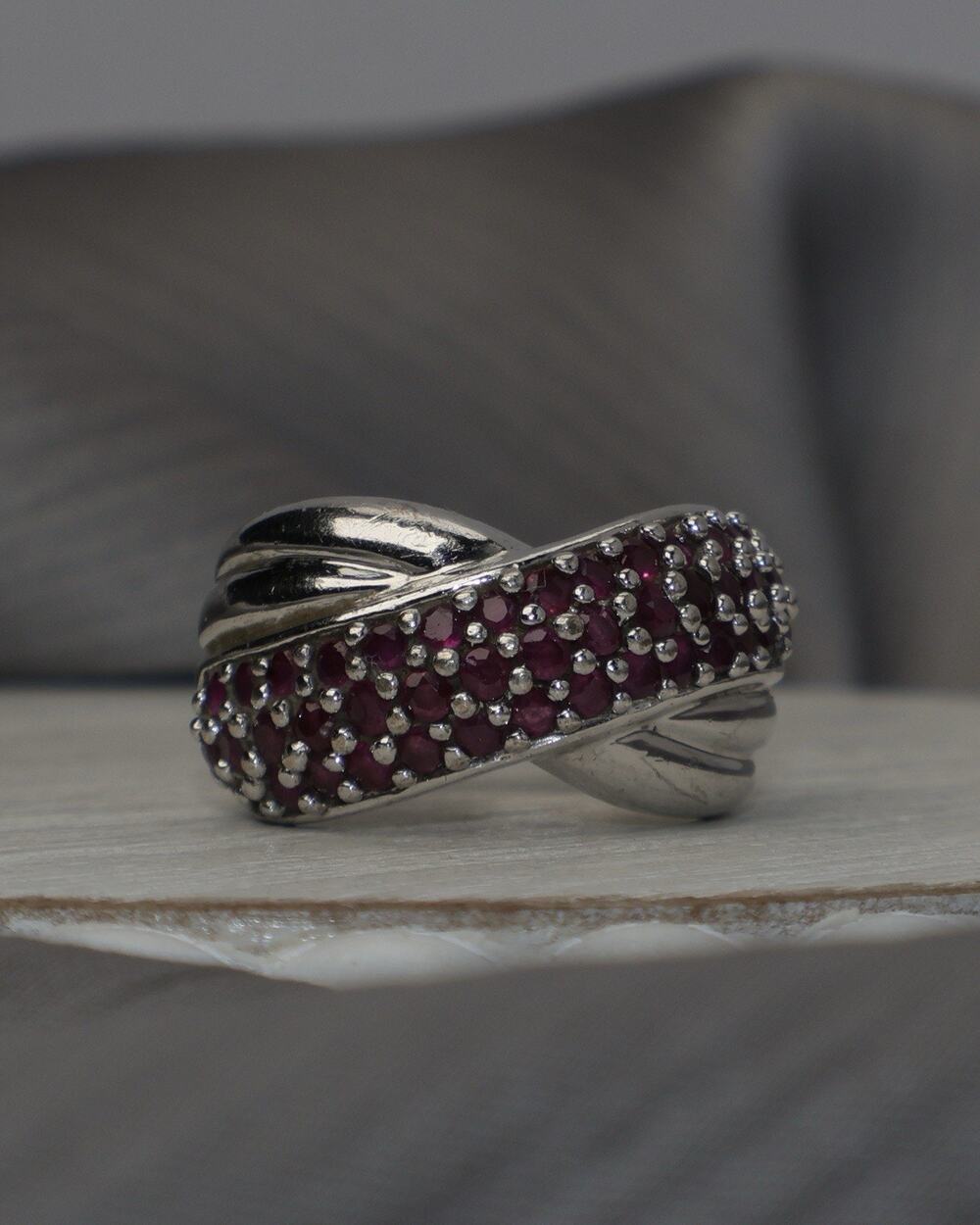 Vintage Sterling Silver Ruby Crossover Ring 7.4G / Sz 6